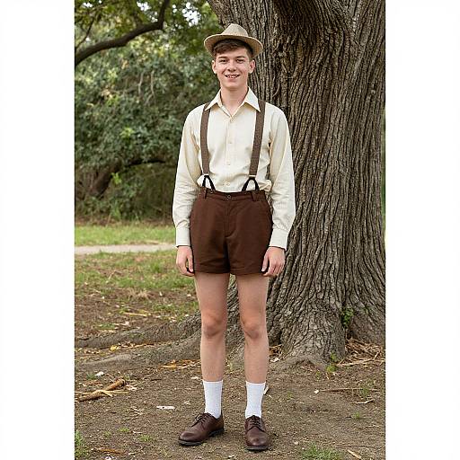 Photograph of a smiling young boy in a vintage scout uniform, standing in front of a tree in a park. He wears a beige shirt, brown