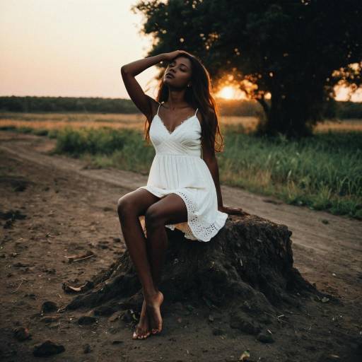 Dark-Skinned Woman in White Dress at Sunset