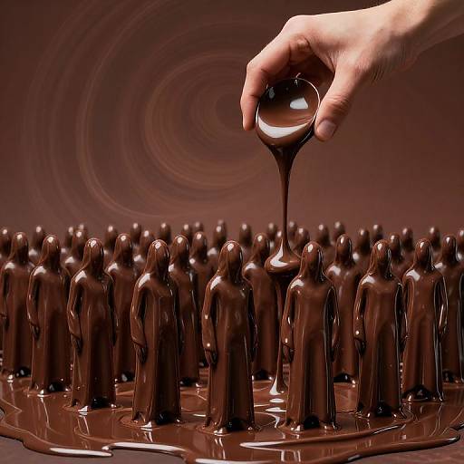 Photograph of a hand pouring chocolate into a circular array of chocolate figures, creating a swirling, glossy, dark brown background.
