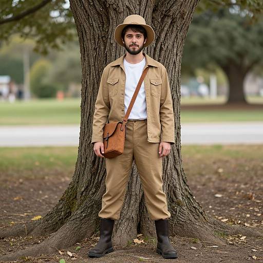 Photograph of a bearded man in tan military-style jacket, pants, and boots, white shirt, brown hat, and crossbody bag, standing