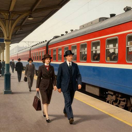 Vintage photograph of a train station: a man and woman in black suits, hats, and heels walk hand-in-hand beside a red and blue train.