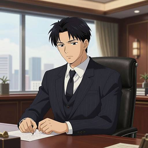 Anime-style digital drawing of a stern, black-haired man in a dark pinstripe suit, white shirt, and black tie, writing at a desk