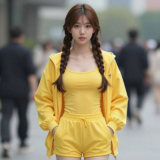 Photograph of an East Asian woman with long braided brown hair, wearing a bright yellow tracksuit and matching jacket, standing in a blurred urban street