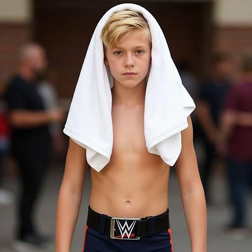 Photograph of a young blonde boy, shirtless, wearing a white towel on his head and black pants with a belt featuring a 