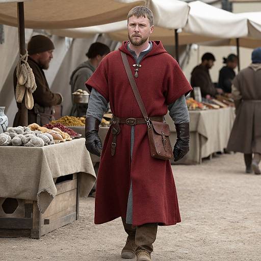 Photograph of a bearded man in medieval red cloak, black gloves, and brown satchel, standing in a bustling outdoor market stall area with