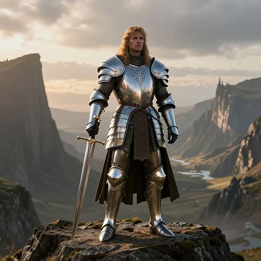 Photograph of a blonde, bearded knight in silver armor standing on a rocky cliff, holding a sword, with mountainous landscape at sunset.