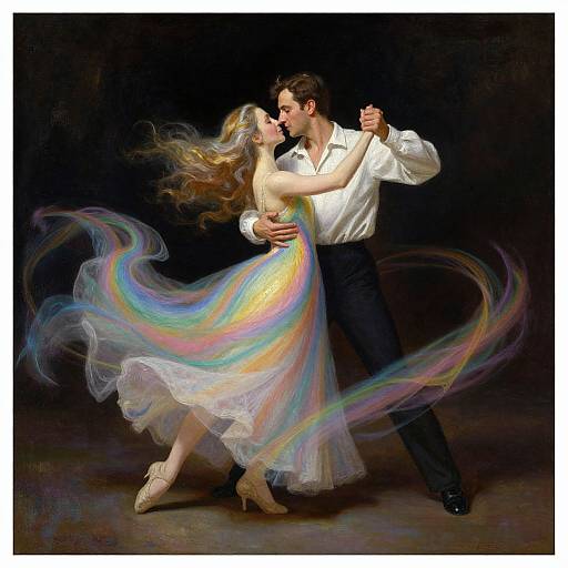 Photograph of a dancing couple; man in white shirt, black pants, woman in flowing rainbow dress, both in mid-spin, dark background.
