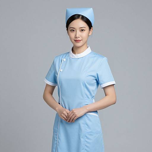 Photograph of an Asian woman with fair skin, black hair in a bun, wearing a light blue nurse uniform with white trim and matching cap, standing