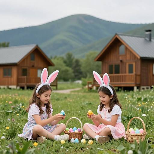 Two young girls in pink bunny ears and white dresses, sitting on grass, coloring Easter eggs from baskets, with wooden cabins and mountains in the background.