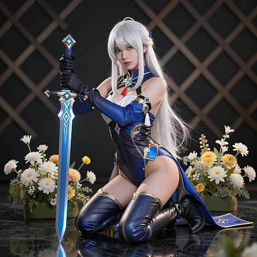 Confident White-Haired Woman with Glowing Sword