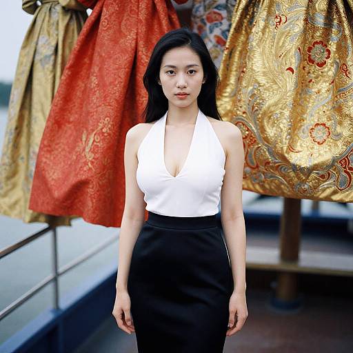 Photograph of an Asian woman with long black hair, wearing a white halter top and black skirt, standing in front of ornate red and gold