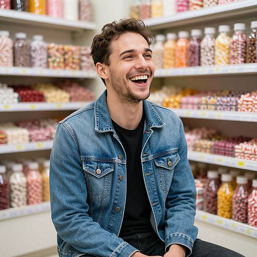 Photograph of a smiling, curly-haired man in a blue denim jacket and black shirt, sitting in a brightly lit grocery store aisle filled with colorful jars