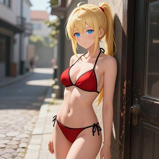 Digital anime-style drawing of a blonde, blue-eyed woman in a red string bikini, leaning against a sunlit, cobblestone alleyway.