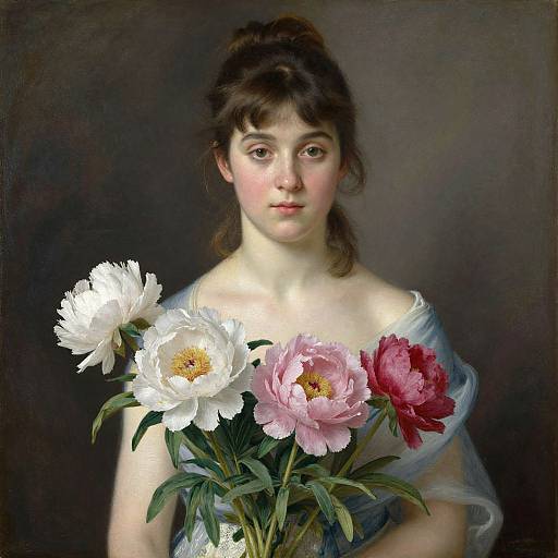 Classical oil painting of a young woman with fair skin and brown hair, holding a bouquet of large, colorful peonies against a dark background.