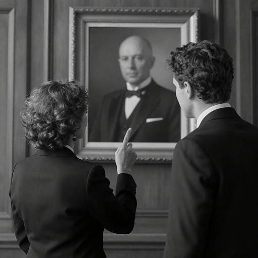 Monochrome Couple Observing Framed Portrait