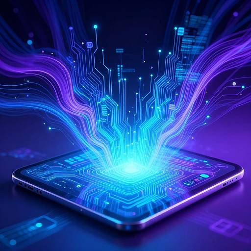 Digital illustration of a glowing smartphone emitting vibrant blue and purple circuitry lines, set against a dark, futuristic background.