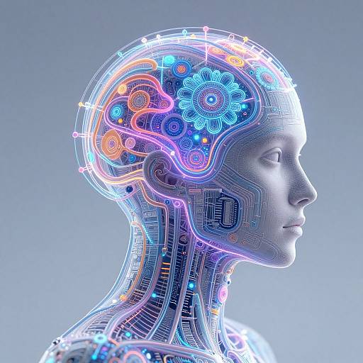 Digital artwork of a glowing, neon-colored human head profile, showing intricate circuitry and mechanical flower-like patterns inside the brain.