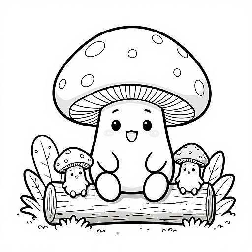 Black and white cartoon drawing of a cute, round mushroom character with a large cap and small body, sitting on a log with smaller mushrooms.