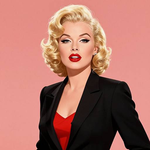 Digital illustration of a blonde, blue-eyed woman with red lipstick, wearing a black blazer over a red dress, against a pink background. Retro,