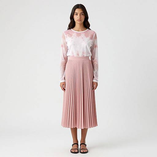Photograph of a woman with long black hair, wearing a white sheer long-sleeve top and pink pleated midi skirt, standing against a plain