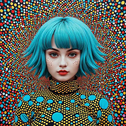 Blue-Haired Woman with Polka Dot Patterns