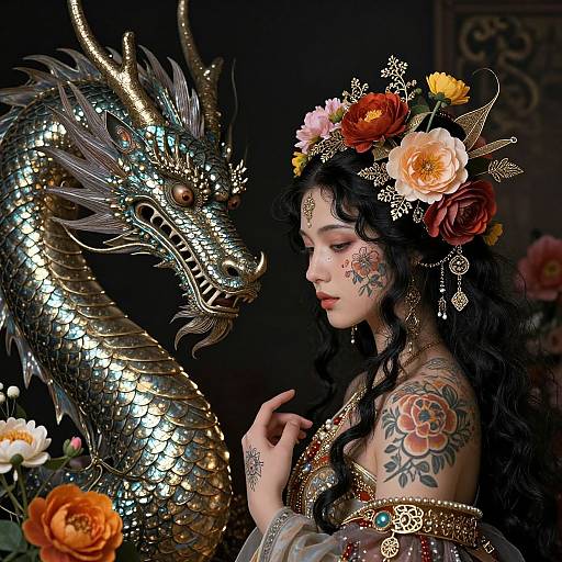 Digital artwork: A tattooed, flower-crowned woman with intricate jewelry gazes at a shimmering, dragon-like creature adorned with mirrored scales, surrounded