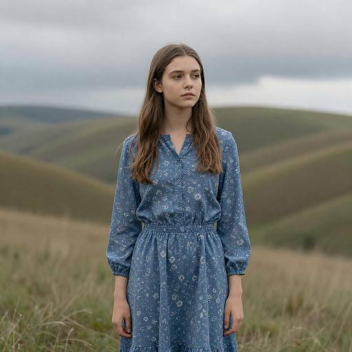Young Woman in Blue Floral Dress in Hilly Landscape