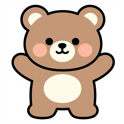 Cute cartoon brown teddy bear with white belly, rosy cheeks, black eyes, and arms raised, outlined in black, on white background.
