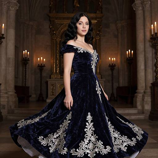 Photograph of a young woman with pale skin and dark wavy hair, wearing an elegant black velvet gown with white floral embroidery, standing in a dim