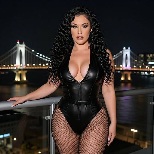 Photograph of a curvy woman with long curly black hair, wearing a deep V leather bodysuit, fishnet stockings, and standing on a