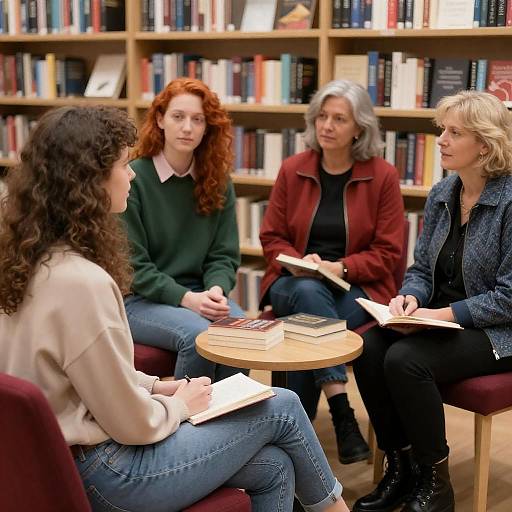 Women Engaged in Conversation at Bookstore