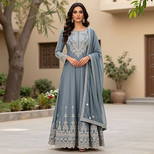 Photograph of a South Asian woman with long black hair, wearing a blue embroidered traditional lehenga and dupatta, standing in a garden with beige building