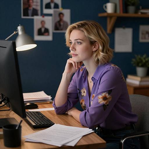 Pensive Blonde at Cluttered Desk