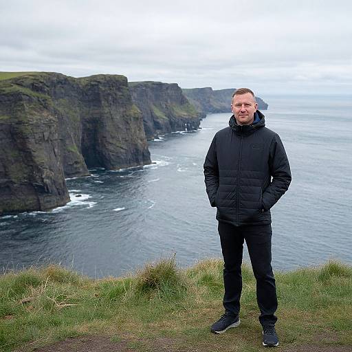 Photograph of a smiling man in a black jacket and pants standing on a grassy cliff overlooking a rocky coastal landscape with a cloudy sky.