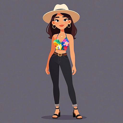 Digital cartoon of a young woman with tan skin, long dark hair, wearing a white hat, colorful tie-dye top, black jeans, brown belt