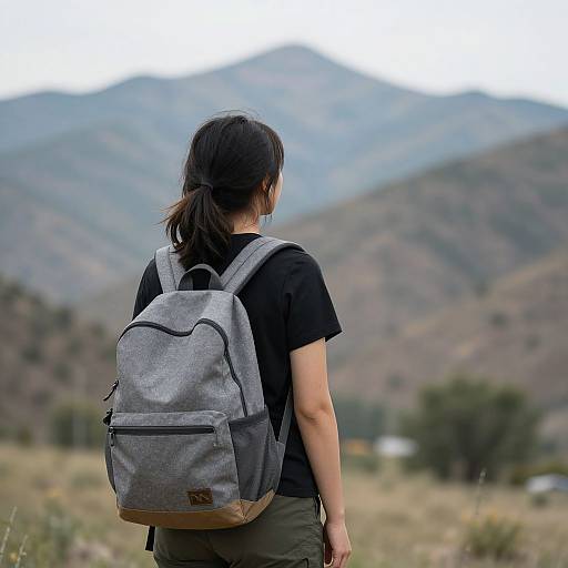 Photograph of a young person with shoulder-length dark hair, wearing a black shirt and green pants, standing with a gray backpack, facing mountainous landscape