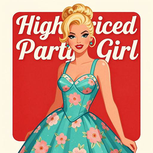 Digital illustration of a blonde, fair-skinned, glamorous woman in a teal floral dress, with 