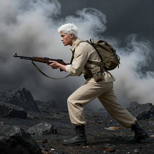 White-Haired Soldier on Smoky Rocks
