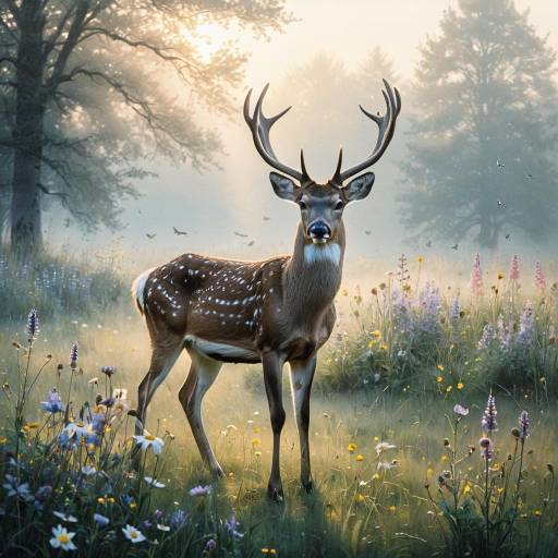 Graceful Deer in Misty Meadow at Dawn