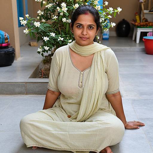 Photograph of a South Asian woman with dark hair, wearing a cream traditional saree and scarf, sitting cross-legged outdoors, with white flowers in the