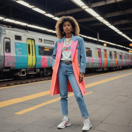 Slim Woman in 80s Neon Outfit at Train Station