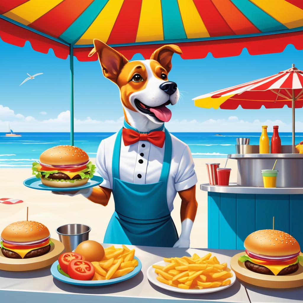 Cartoon Dog Waiter at Beach Food Stand