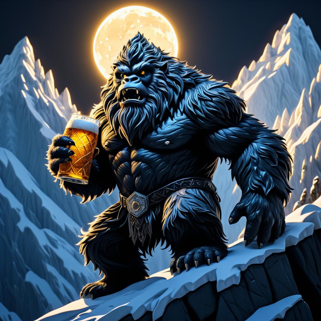 Dramatic Yeti Climbing Mountain Artwork