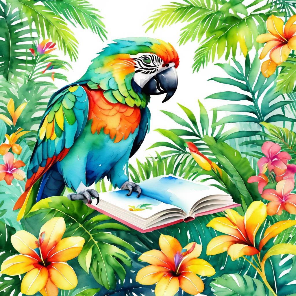 Cheerful Parrot Reading in Tropical Jungle