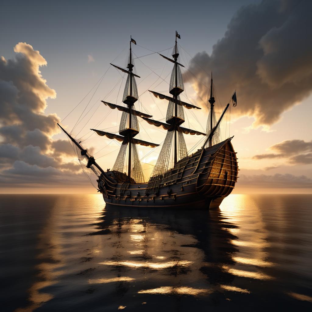 Historic Galleon Under Golden Sunset Glow