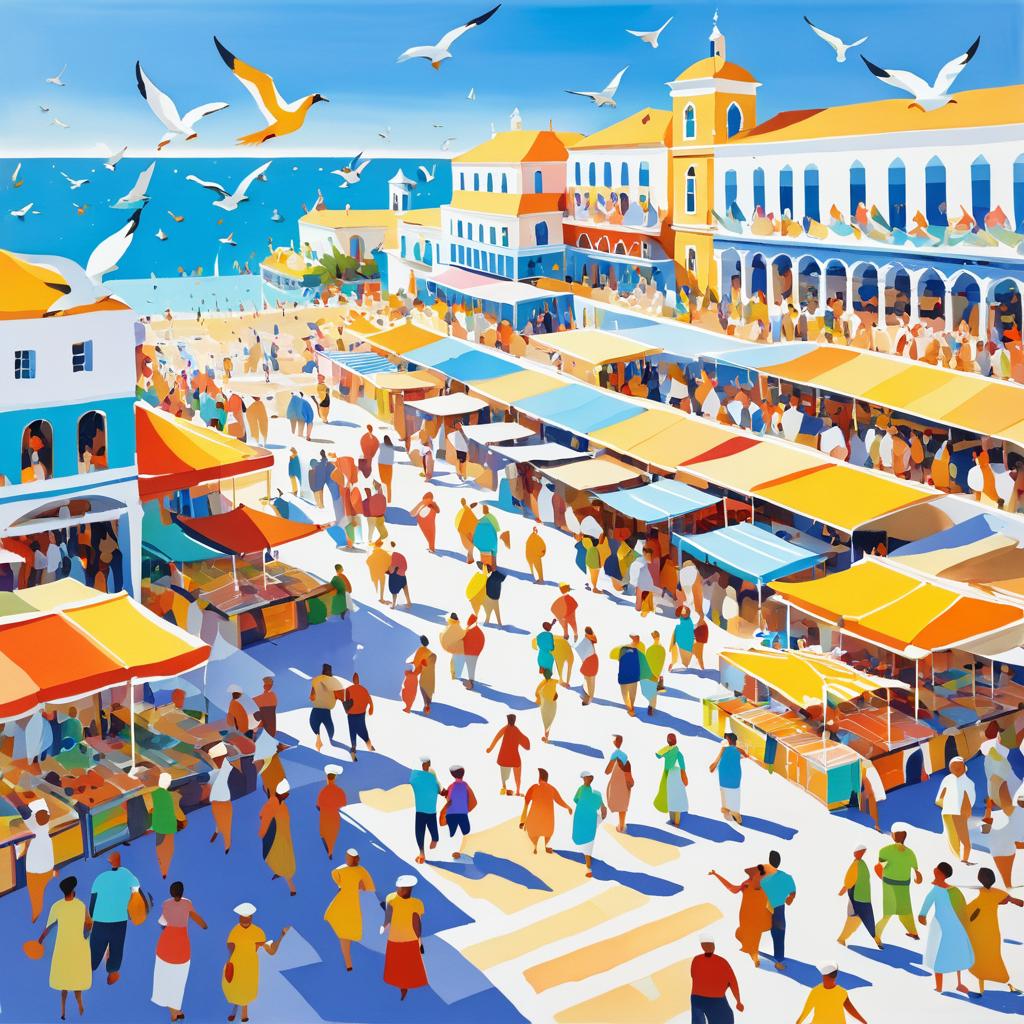 Vibrant Coastal Marketplace in Gouache