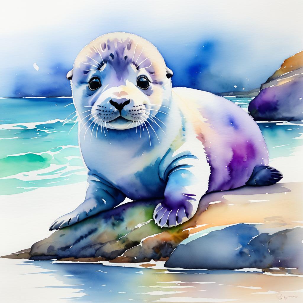 Vibrant Watercolor Seal Pup Artwork