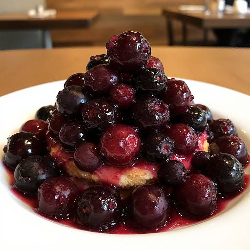 Photograph of a pile of glistening dark purple and black grapes on a white plate, with a hint of a cake underneath, set on a wooden