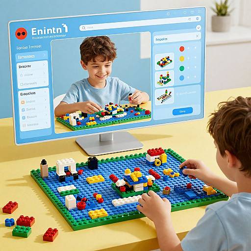 Photograph of a young boy building with colorful LEGO blocks in front of a computer screen displaying the Enjin Traxxas app. Bright, sunny