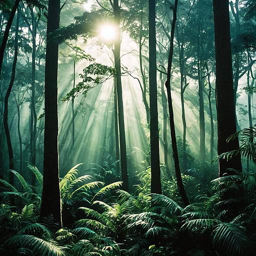 Misty Rainforest at Dawn with Sun Rays